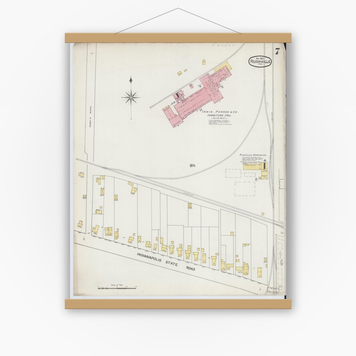 Old map wall art mockup — magnetic wood frame on white wall — Sanborn Fire Insurance Map from Rushville, Rush County, Indiana (1892), Sheet #0007