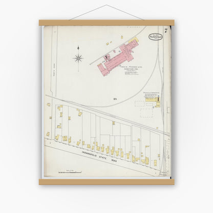 Old map wall art mockup — magnetic wood frame on white wall — Sanborn Fire Insurance Map from Rushville, Rush County, Indiana (1892), Sheet #0007