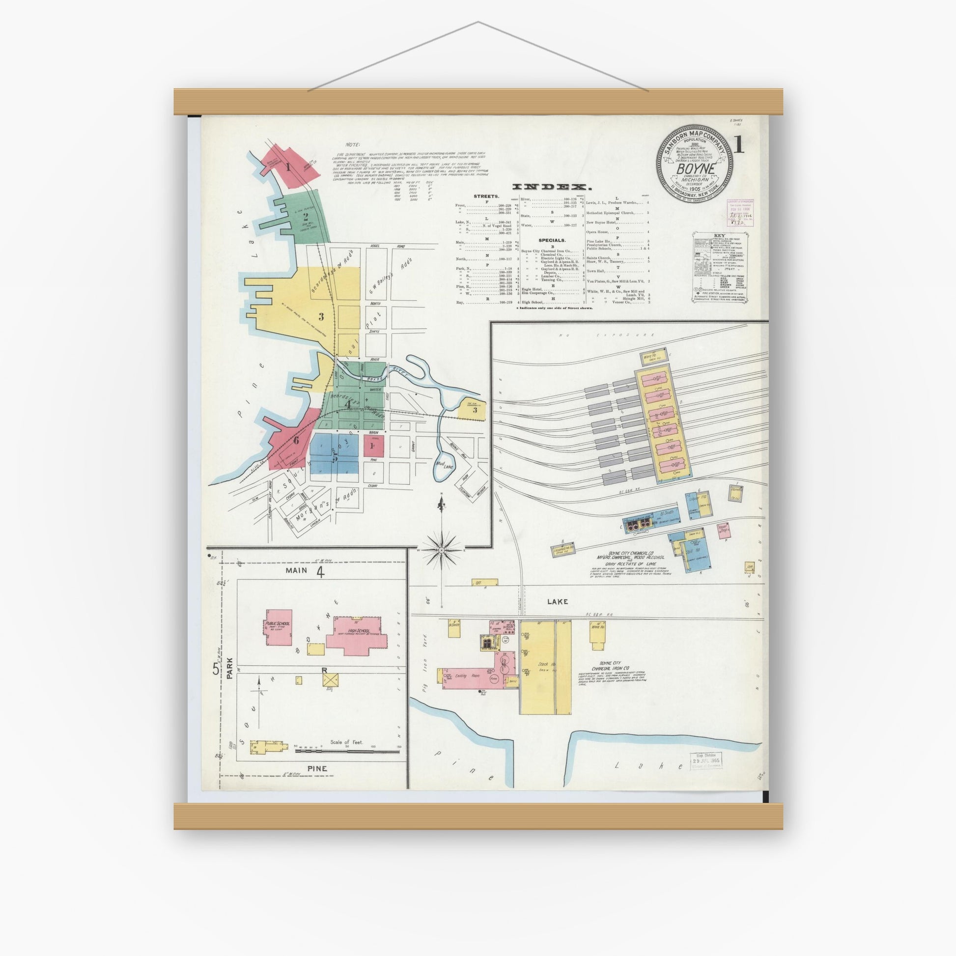 Old map wall art mockup — magnetic wood frame on white wall — Sanborn Fire Insurance Map from Boyne City, Charlevoix County, Michigan (1905), Sheet #0001