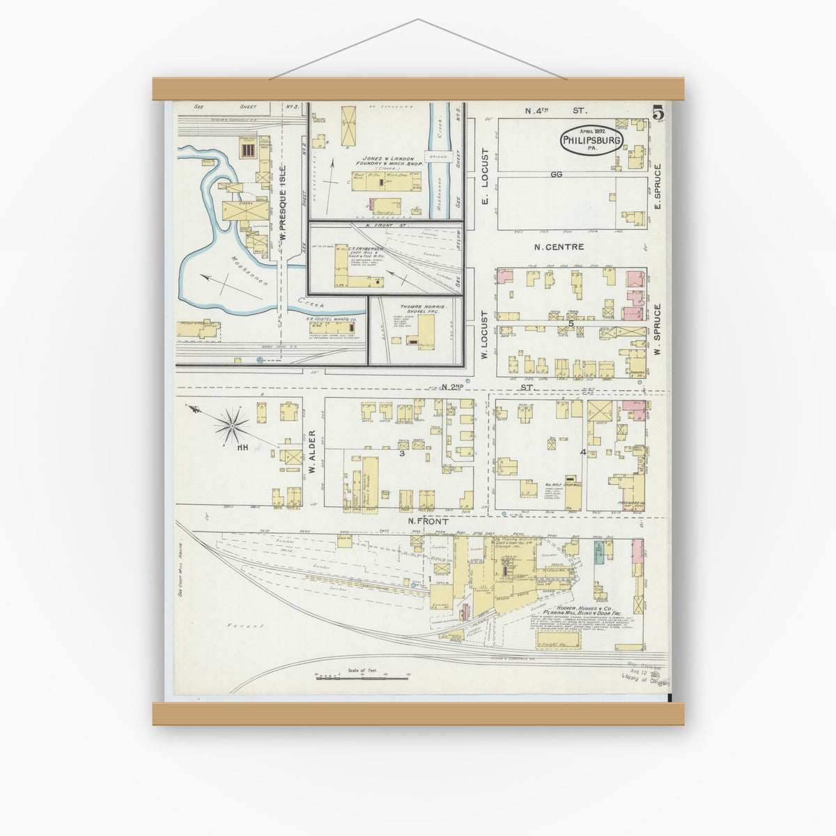 Old map wall art mockup — magnetic wood frame on white wall — Sanborn Fire Insurance Map from Philipsburg, Centre County, Pennsylvania (1892), Sheet #0005