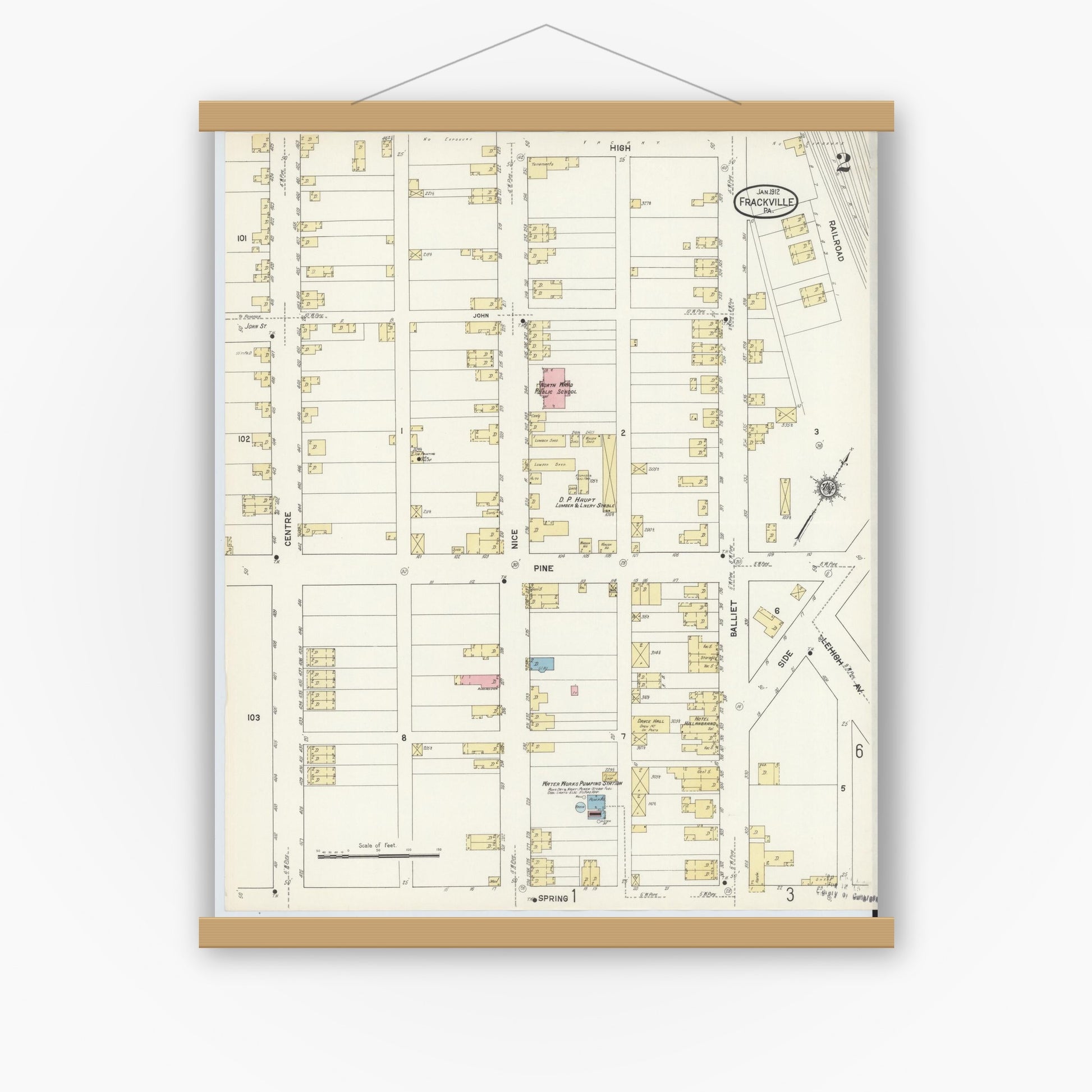 Old map wall art mockup — magnetic wood frame on white wall — Sanborn Fire Insurance Map from Frackville, Schuylkill County, Pennsylvania (1912), Sheet #0002