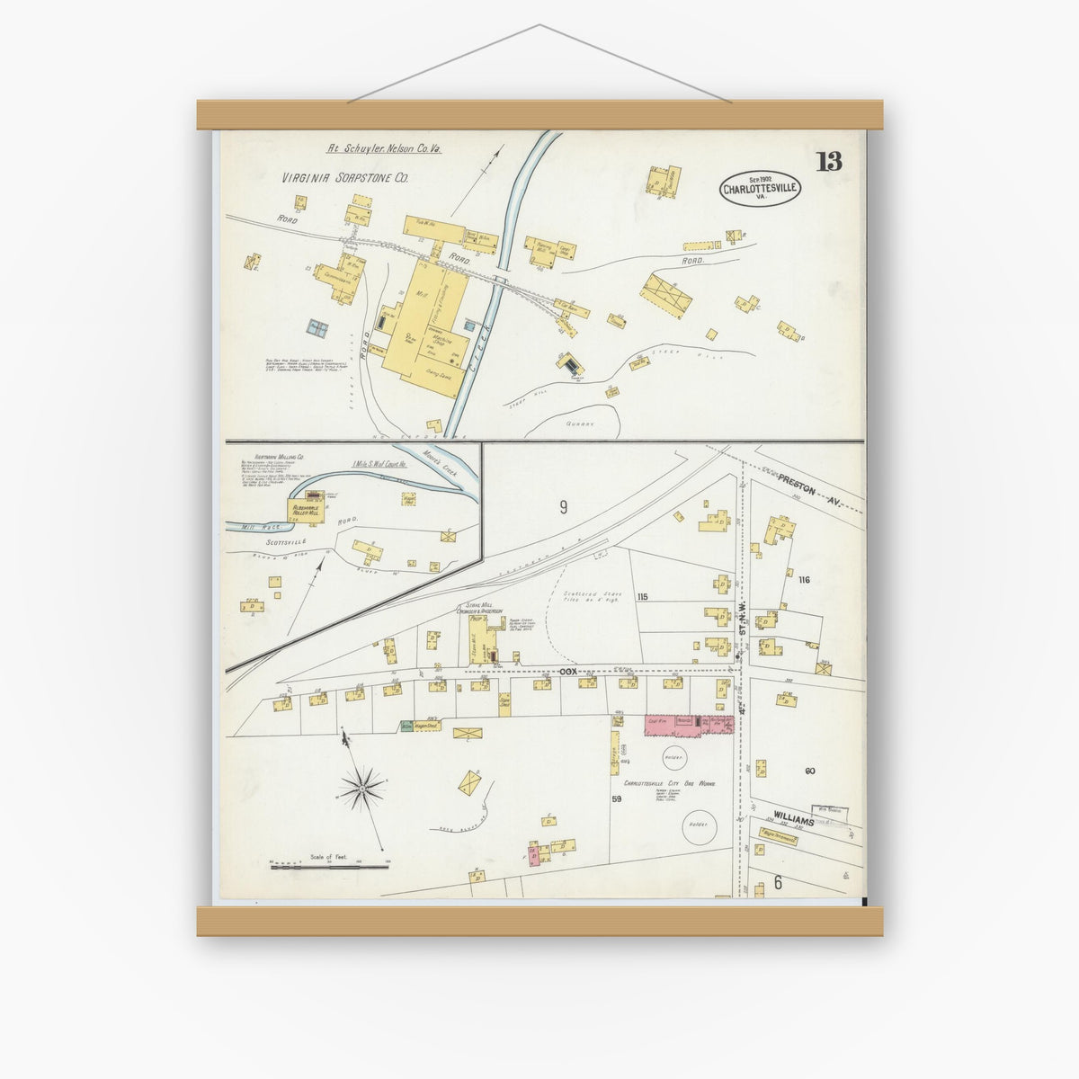 Old map wall art mockup — magnetic wood frame on white wall — Sanborn Fire Insurance Map from Charlottesville, Independent Cities, Virginia (1902), Sheet #0013