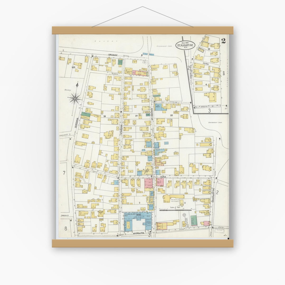 Old map wall art mockup — magnetic wood frame on white wall — Sanborn Fire Insurance Map from Saint Augustine, Saint John's County, Florida (1904), Sheet #0002