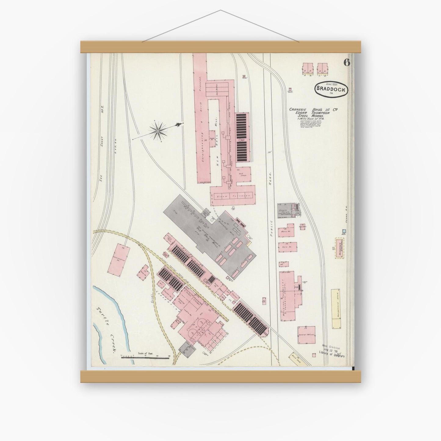 Old map wall art mockup — magnetic wood frame on white wall — Sanborn Fire Insurance Map from Braddock, Allegheny County, Pennsylvania (1891), Sheet #0006