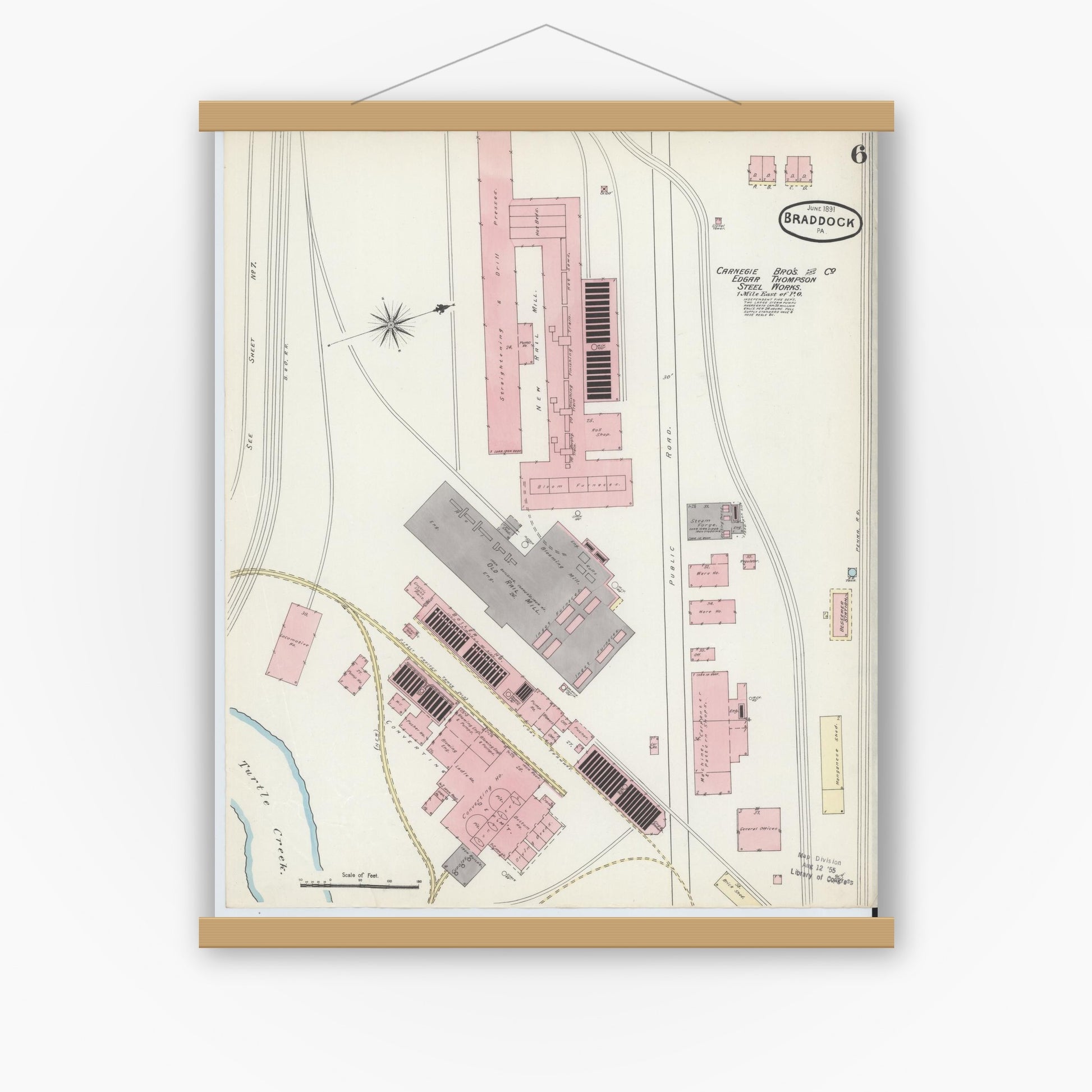 Old map wall art mockup — magnetic wood frame on white wall — Sanborn Fire Insurance Map from Braddock, Allegheny County, Pennsylvania (1891), Sheet #0006