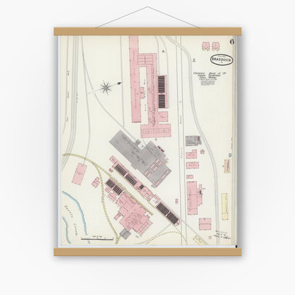 Old map wall art mockup — magnetic wood frame on white wall — Sanborn Fire Insurance Map from Braddock, Allegheny County, Pennsylvania (1891), Sheet #0006