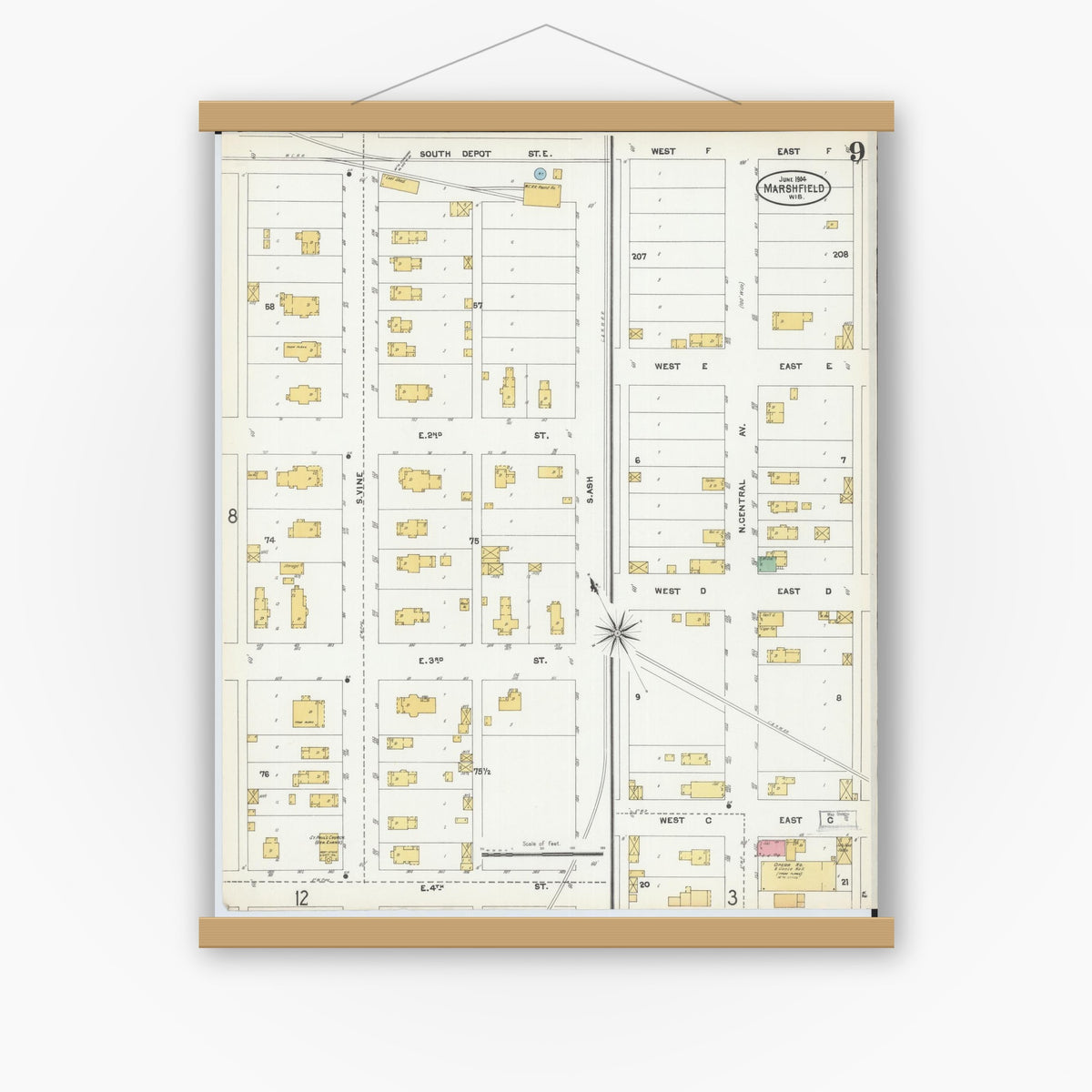 Old map wall art mockup — magnetic wood frame on white wall — Sanborn Fire Insurance Map from Marshfield, Wood County, Wisconsin (1904), Sheet #0009