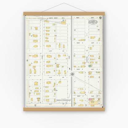 Old map wall art mockup — magnetic wood frame on white wall — Sanborn Fire Insurance Map from Marshfield, Wood County, Wisconsin (1904), Sheet #0009