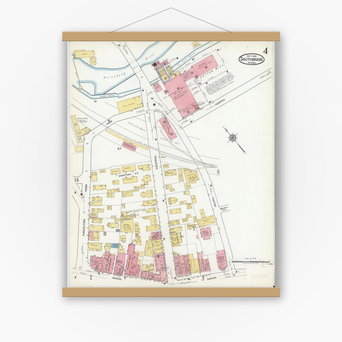 Old map wall art mockup — magnetic wood frame on white wall — Sanborn Fire Insurance Map from Southbridge, Worcester County, Massachusetts (1918), Sheet #0004