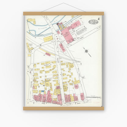 Old map wall art mockup — magnetic wood frame on white wall — Sanborn Fire Insurance Map from Southbridge, Worcester County, Massachusetts (1918), Sheet #0004