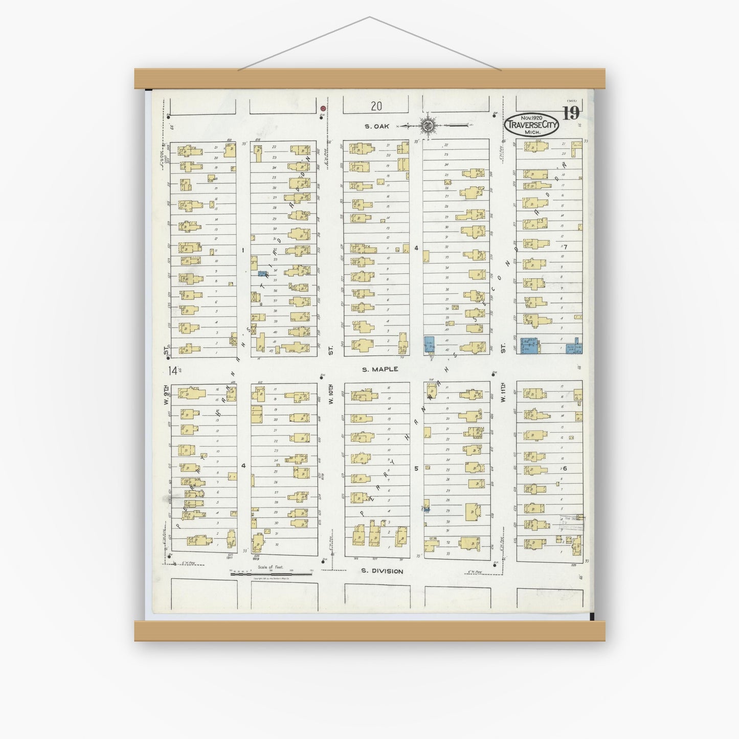 Old map wall art mockup — magnetic wood frame on white wall — Sanborn Fire Insurance Map from Traverse City, Grand Traverse County, Michigan (1920), Sheet #0019