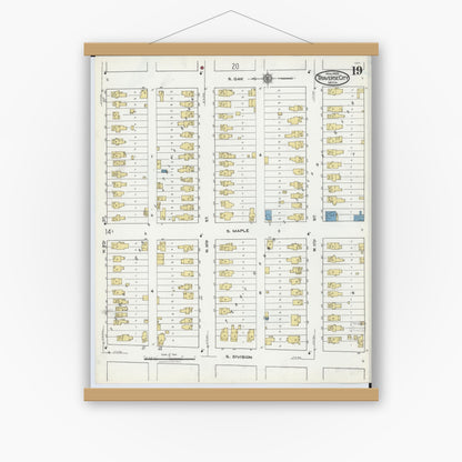 Old map wall art mockup — magnetic wood frame on white wall — Sanborn Fire Insurance Map from Traverse City, Grand Traverse County, Michigan (1920), Sheet #0019