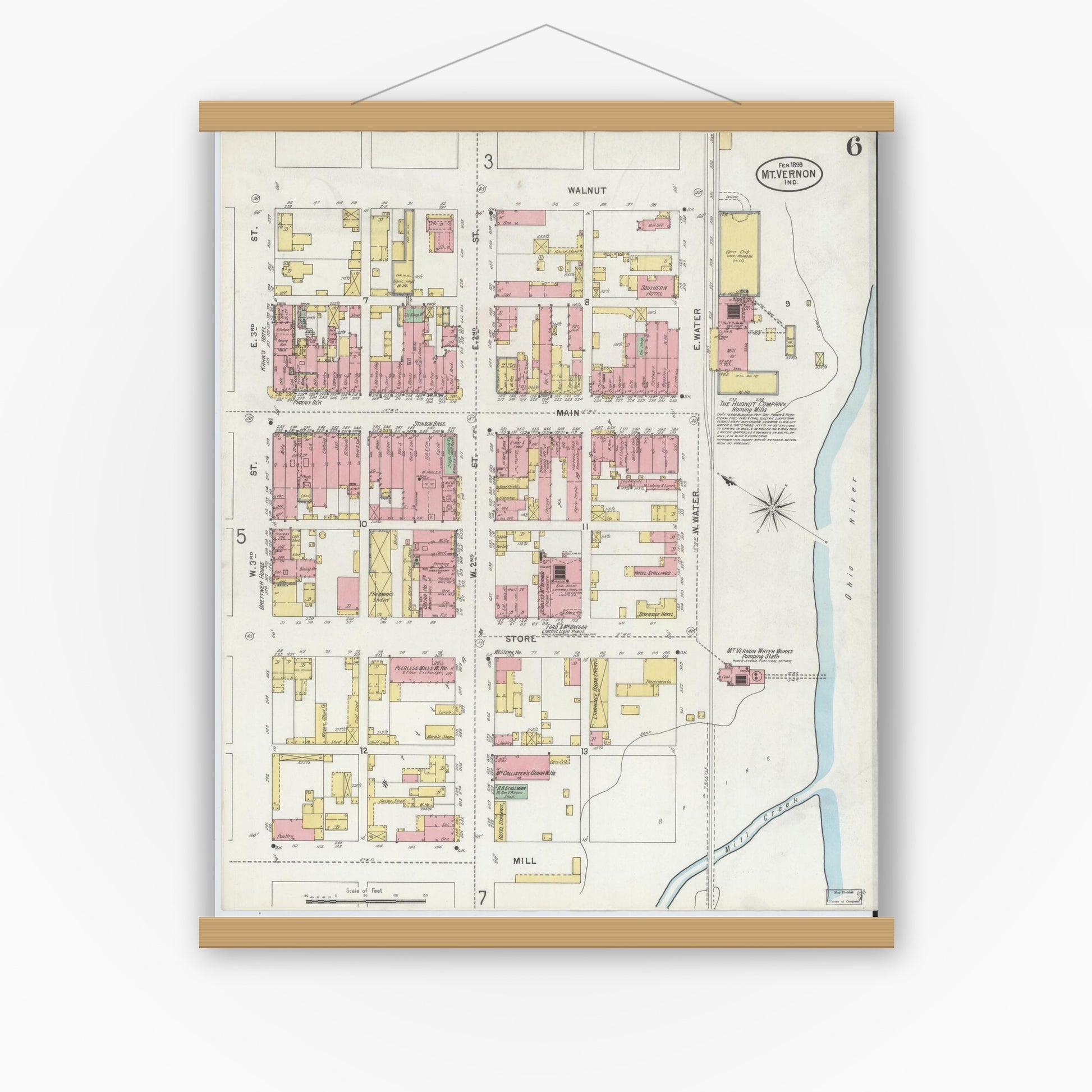 Old map wall art mockup — magnetic wood frame on white wall — Sanborn Fire Insurance Map from Mount Vernon, Posey County, Indiana (1899), Sheet #0006
