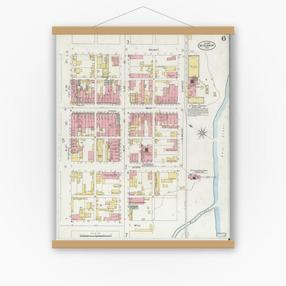 Old map wall art mockup — magnetic wood frame on white wall — Sanborn Fire Insurance Map from Mount Vernon, Posey County, Indiana (1899), Sheet #0006