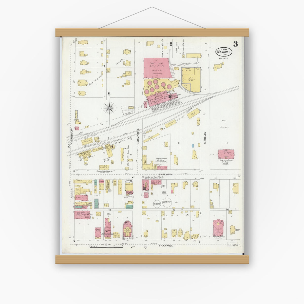 Old map wall art mockup — magnetic wood frame on white wall — Sanborn Fire Insurance Map from Macomb, Mcdonough County, Illinois (1906), Sheet #0003
