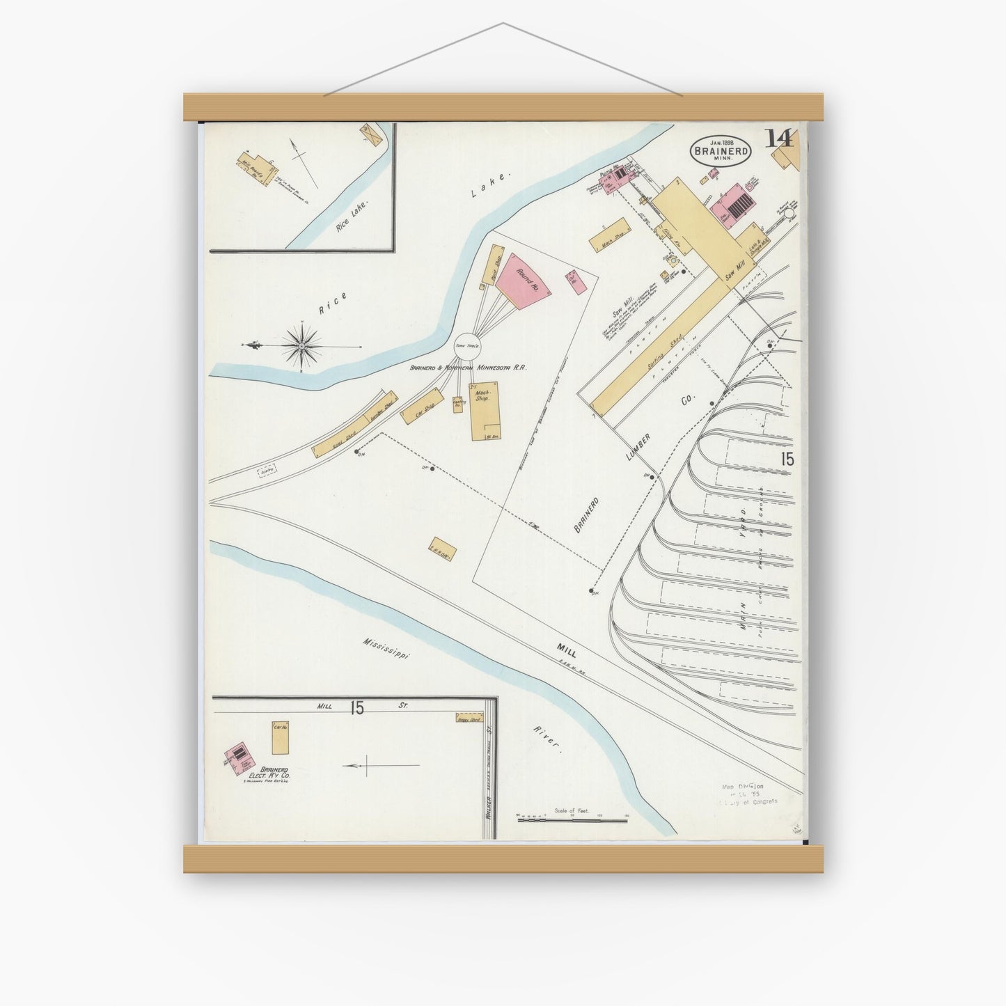 Old map wall art mockup — magnetic wood frame on white wall — Sanborn Fire Insurance Map from Brainerd, Crow Wing County, Minnesota (1898), Sheet #0014