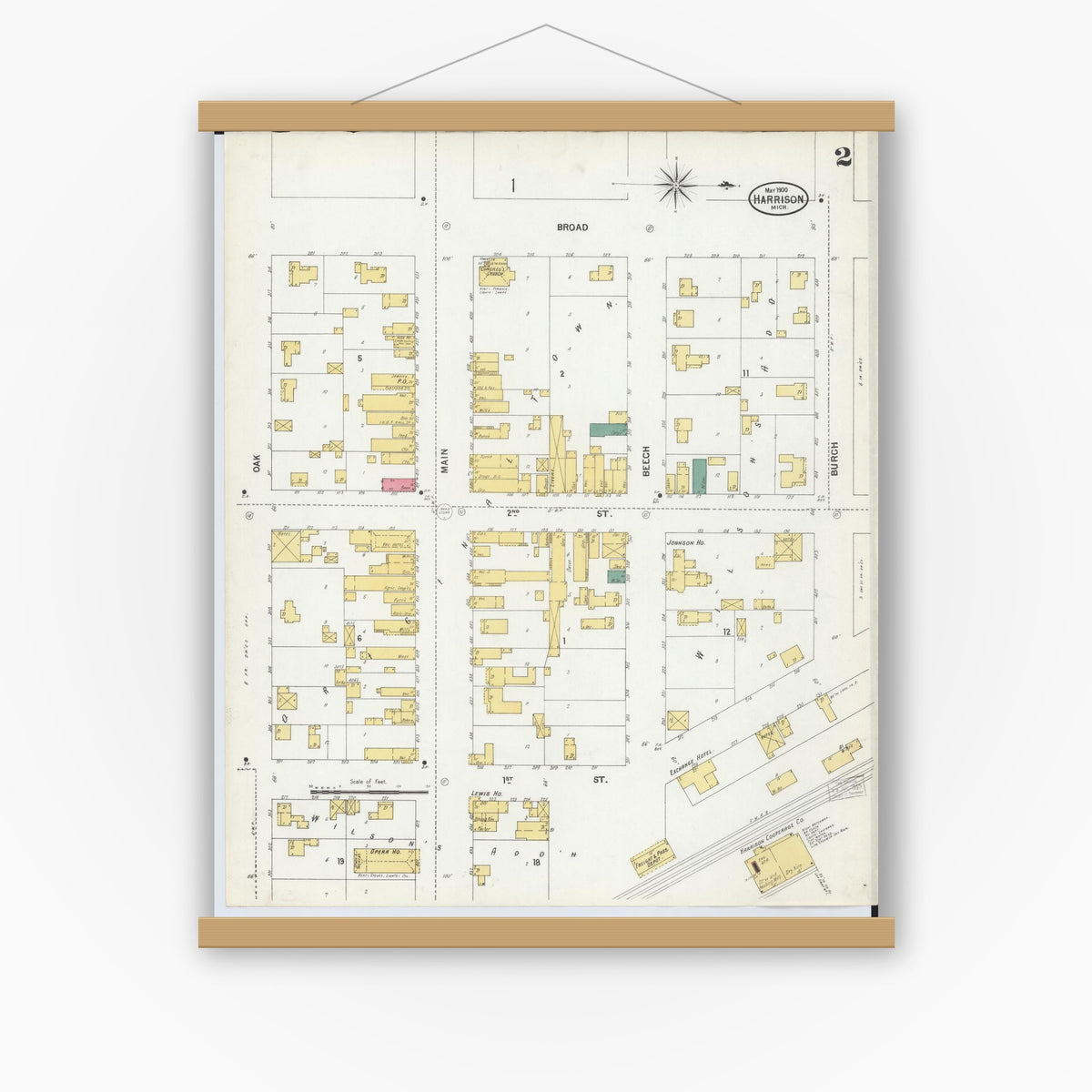 Old map wall art mockup — magnetic wood frame on white wall — Sanborn Fire Insurance Map from Harrison, Clare County, Michigan (1900), Sheet #0002