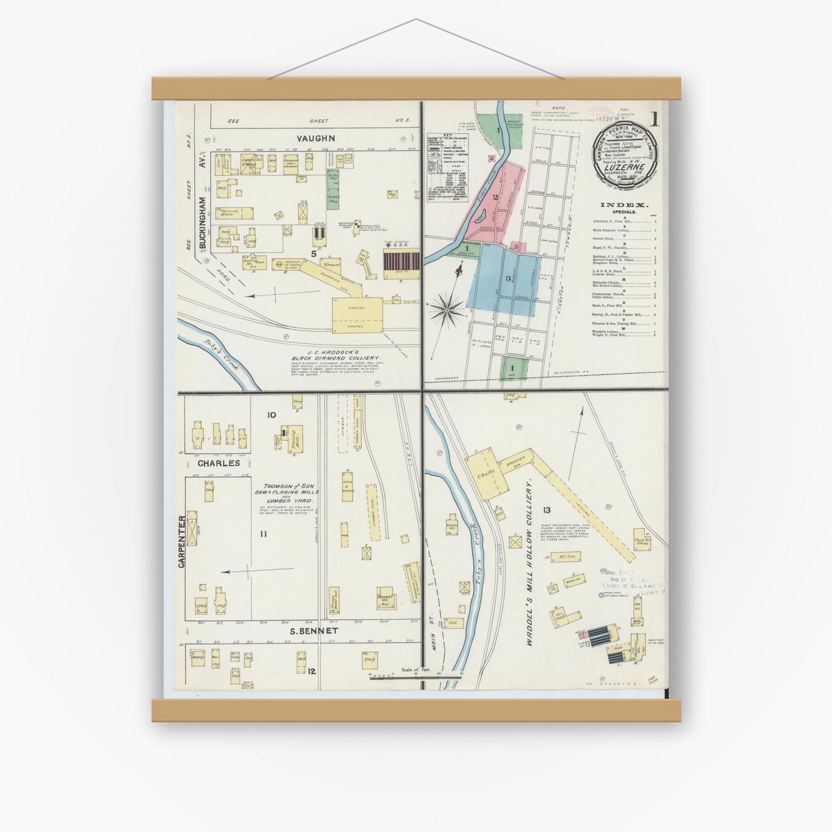 Old map wall art mockup — magnetic wood frame on white wall — Sanborn Fire Insurance Map from Luzerne, Luzerne County, Pennsylvania (1891), Sheet #0001