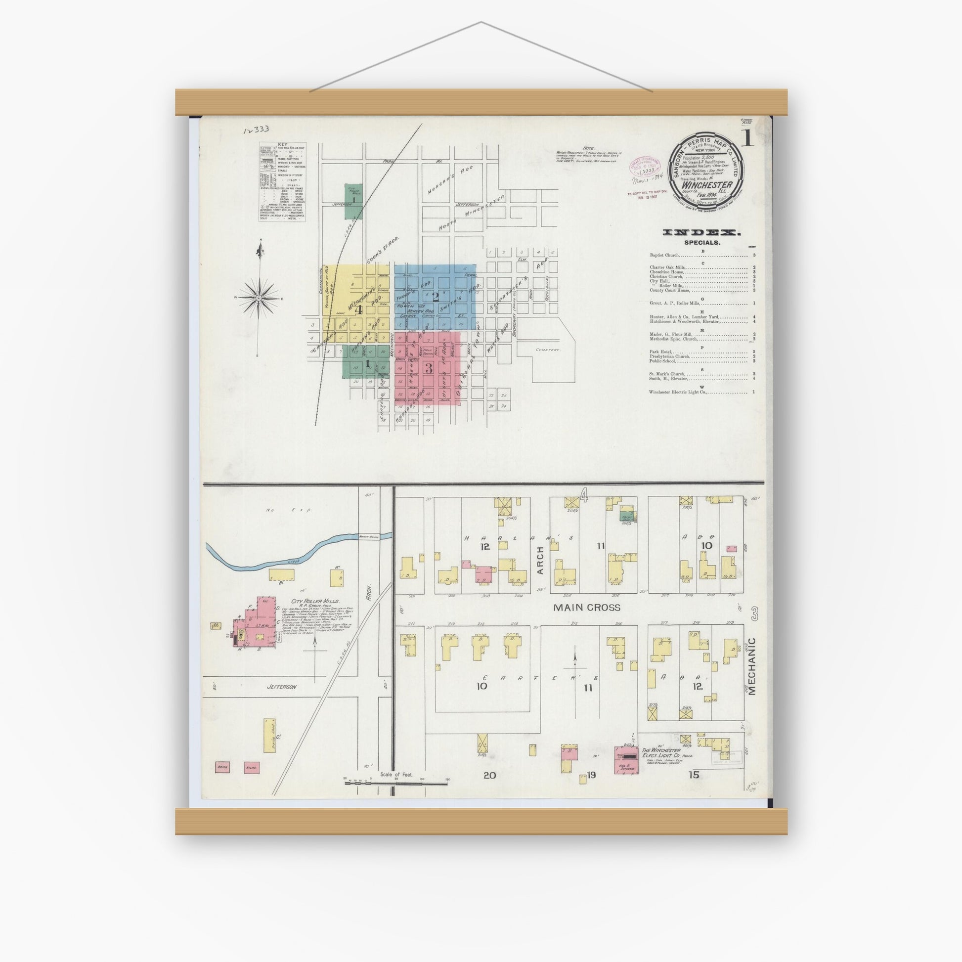 Old map wall art mockup — magnetic wood frame on white wall — Sanborn Fire Insurance Map from Winchester, Scott County, Illinois (1894), Sheet #0001