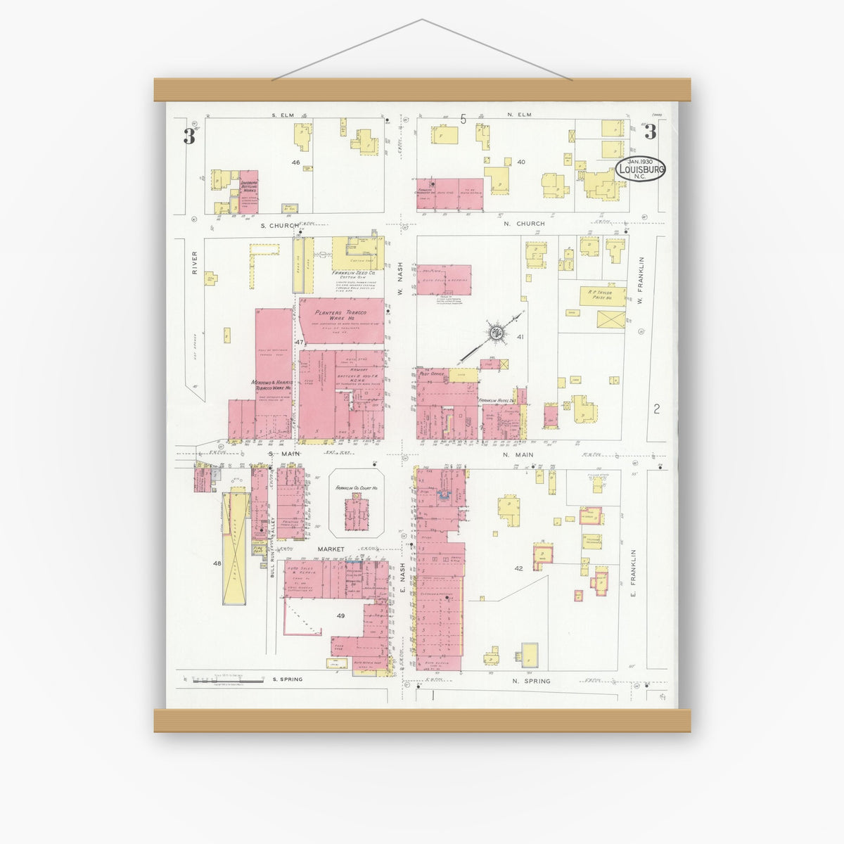 Old map wall art mockup — magnetic wood frame on white wall — Sanborn Fire Insurance Map from Louisburg, Franklin County, North Carolina (1930), Sheet #0003
