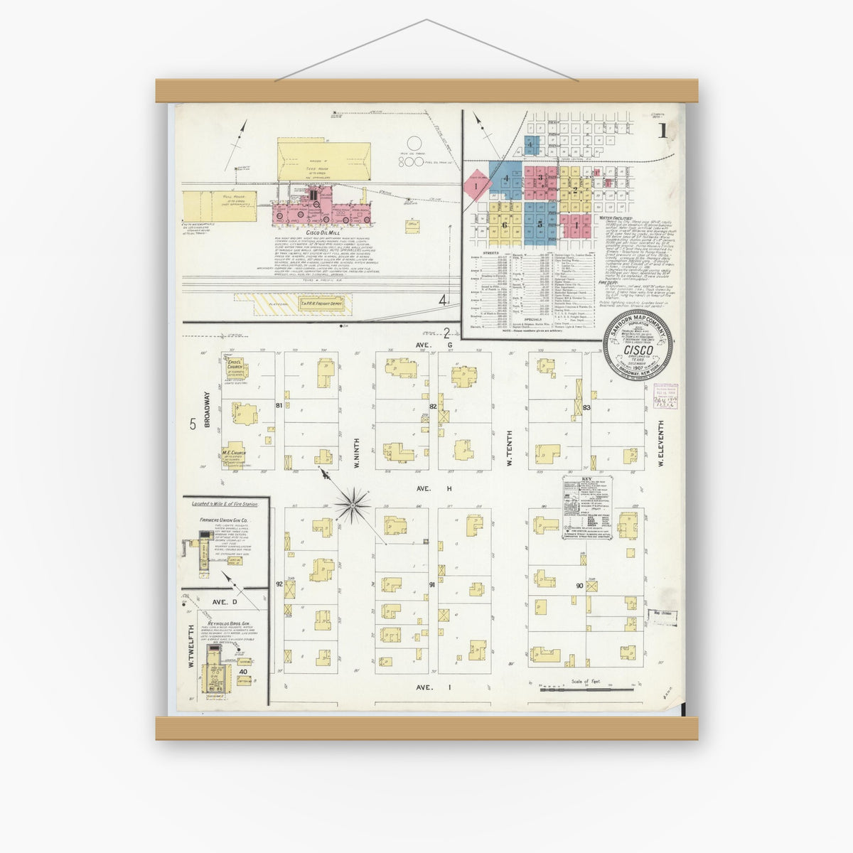 Old map wall art mockup — magnetic wood frame on white wall — Sanborn Fire Insurance Map from Cisco, Eastland County, Texas (1907), Sheet #0001