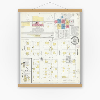 Old map wall art mockup — magnetic wood frame on white wall — Sanborn Fire Insurance Map from Cisco, Eastland County, Texas (1907), Sheet #0001