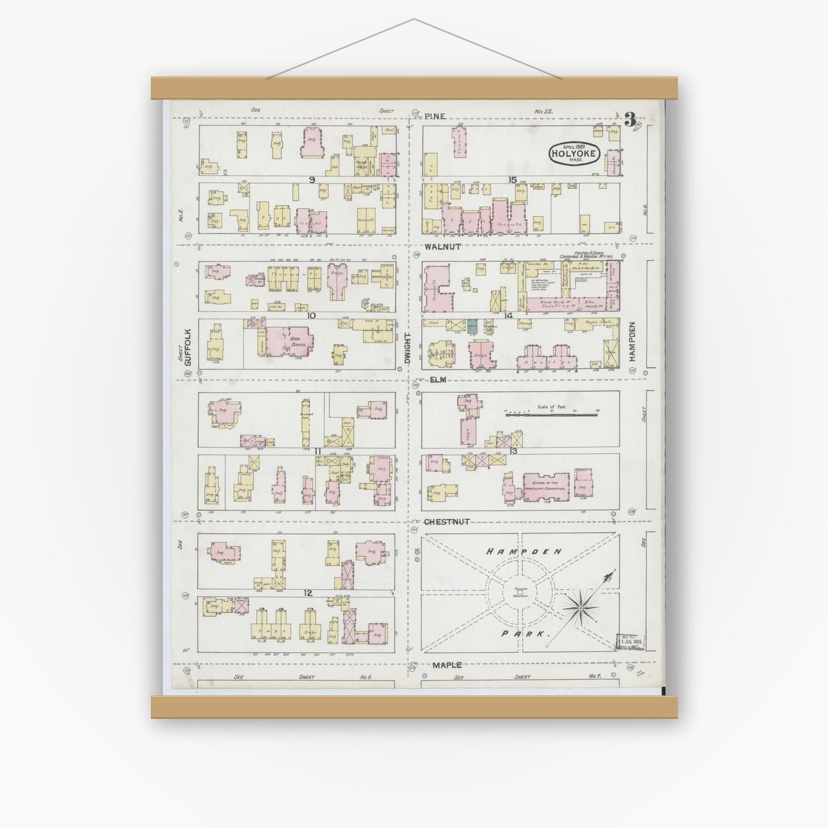 Old map wall art mockup — magnetic wood frame on white wall — Sanborn Fire Insurance Map from Holyoke, Hampden County, Massachusetts (1889), Sheet #0003