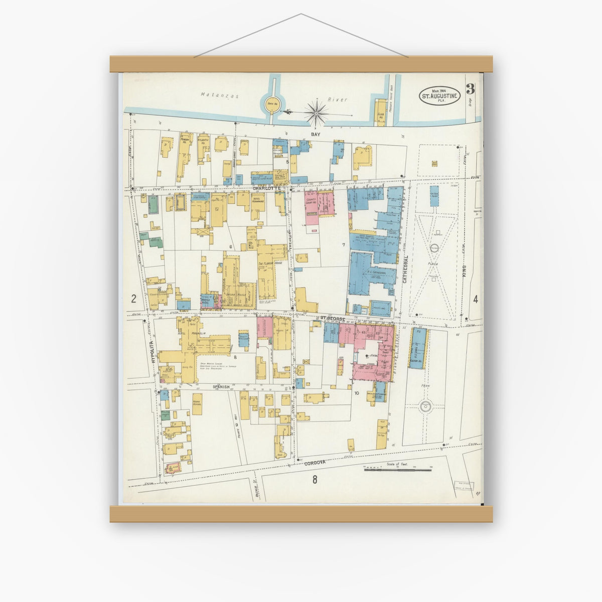 Old map wall art mockup — magnetic wood frame on white wall — Sanborn Fire Insurance Map from Saint Augustine, Saint John's County, Florida (1904), Sheet #0003