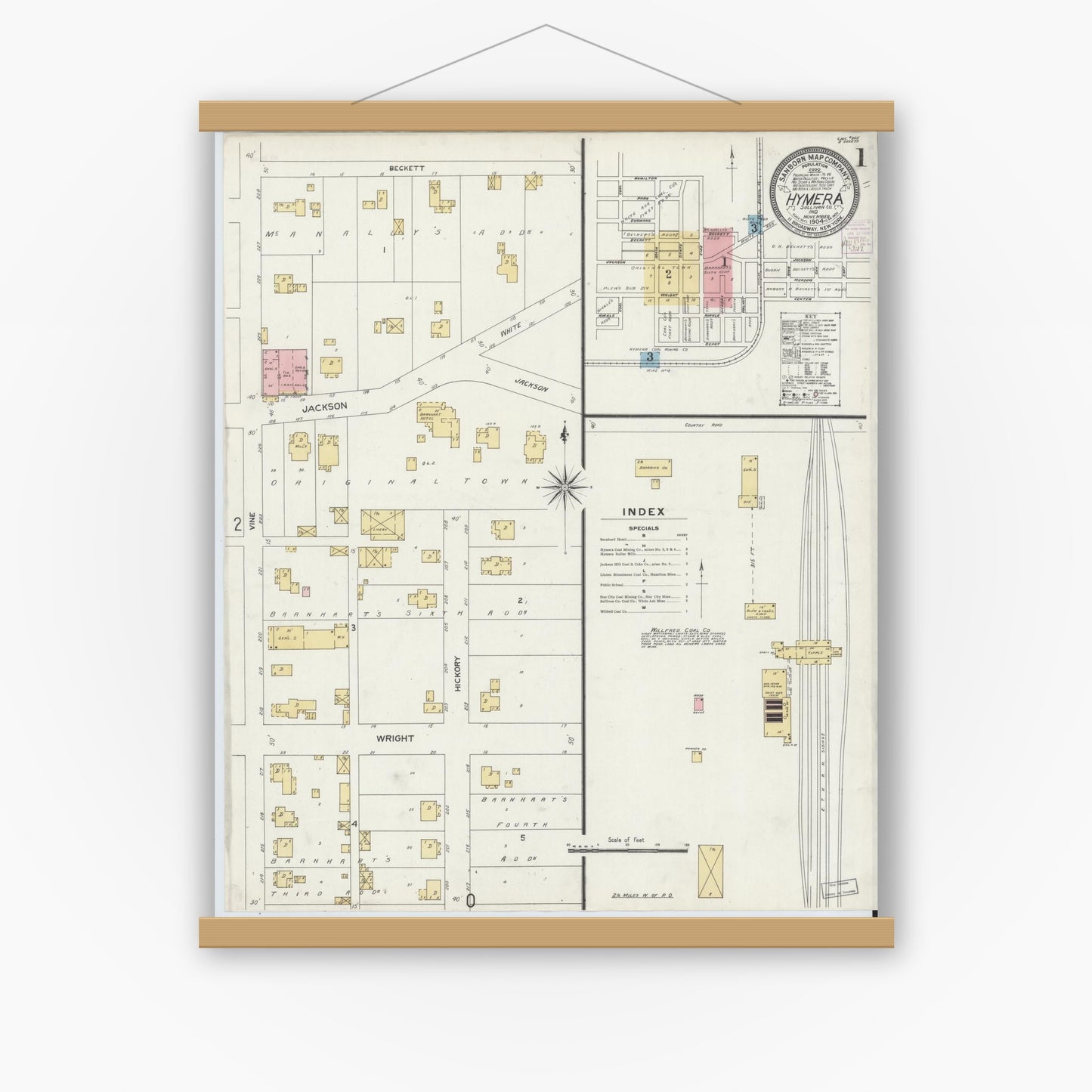 Old map wall art mockup — magnetic wood frame on white wall — Sanborn Fire Insurance Map from Hymera, Sullivan County, Indiana (1904) - Complete Map Set