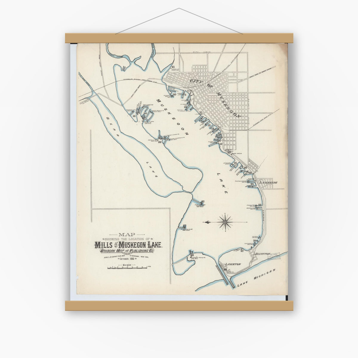 Old map wall art mockup — magnetic wood frame on white wall — Sanborn Fire Insurance Map from Muskegon, Muskegon County, Michigan (1883), Sheet #0002