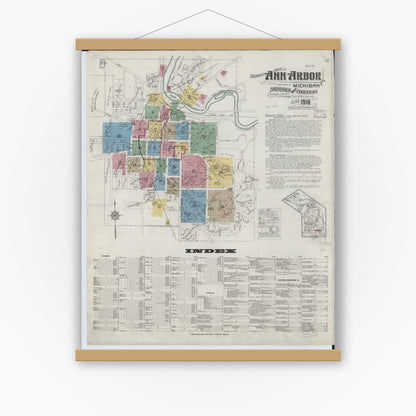 Old map wall art mockup — magnetic wood frame on white wall — Sanborn Fire Insurance Map from Ann Arbor, Washtenaw County, Michigan (1916) - Complete Map Set