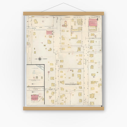 Old map wall art mockup — magnetic wood frame on white wall — Sanborn Fire Insurance Map from Jacksboro, Jack County, Texas (1942), Sheet #0004