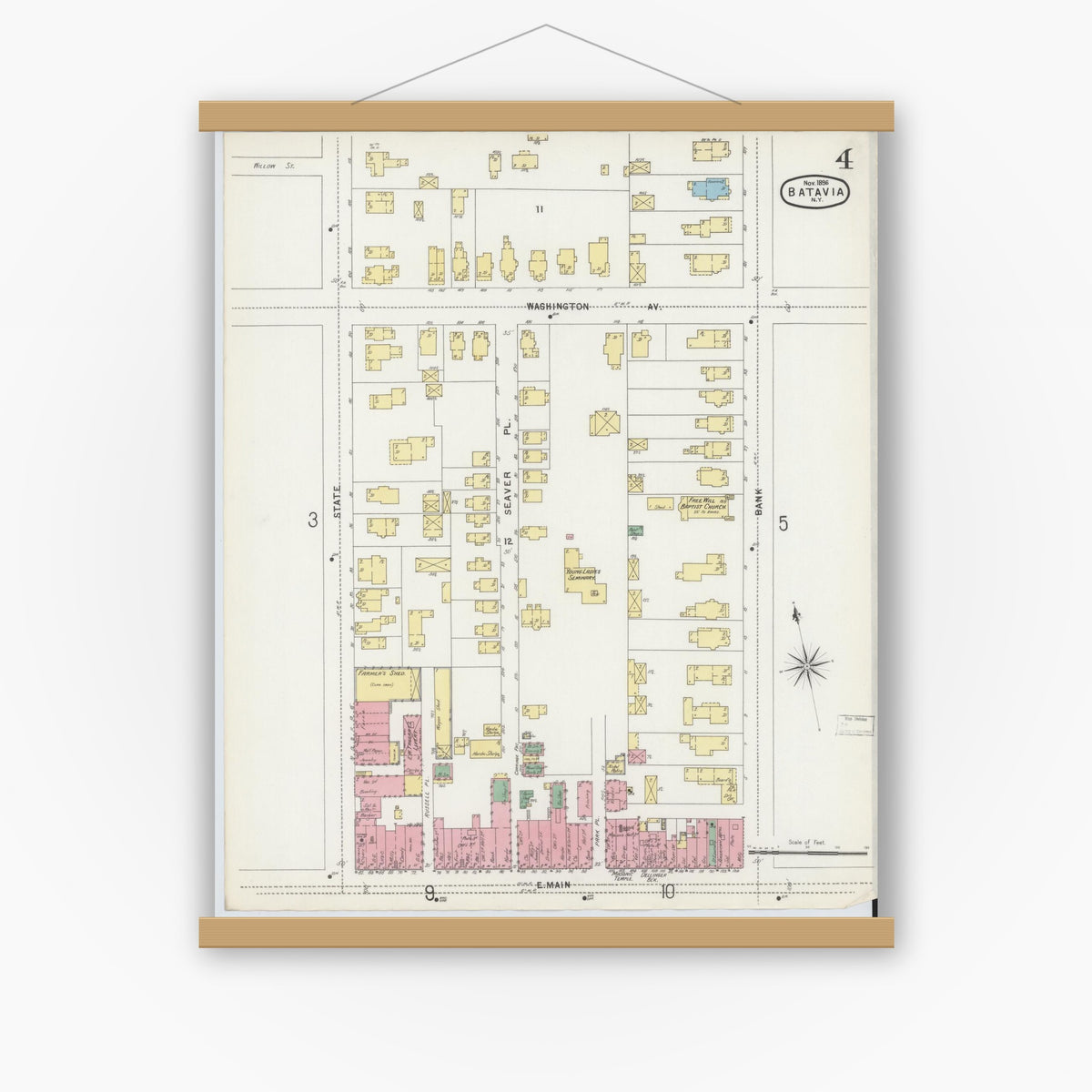 Old map wall art mockup — magnetic wood frame on white wall — Sanborn Fire Insurance Map from Batavia, Genesee County, New York (1896), Sheet #0004