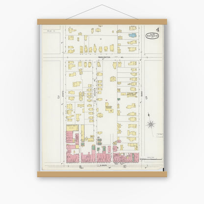Old map wall art mockup — magnetic wood frame on white wall — Sanborn Fire Insurance Map from Batavia, Genesee County, New York (1896), Sheet #0004