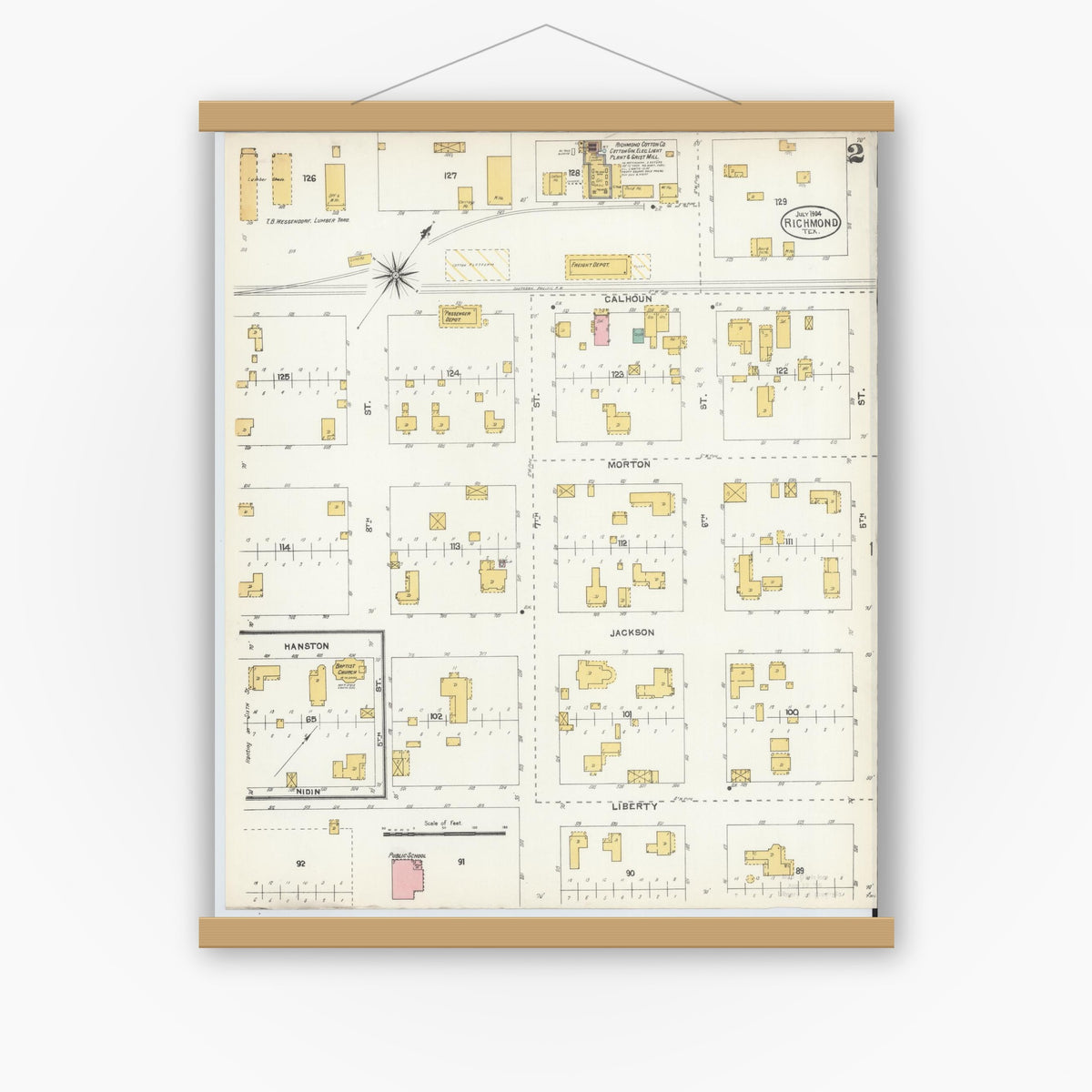 Old map wall art mockup — magnetic wood frame on white wall — Sanborn Fire Insurance Map from Richmond, Fort Bend County, Texas (1904), Sheet #0002