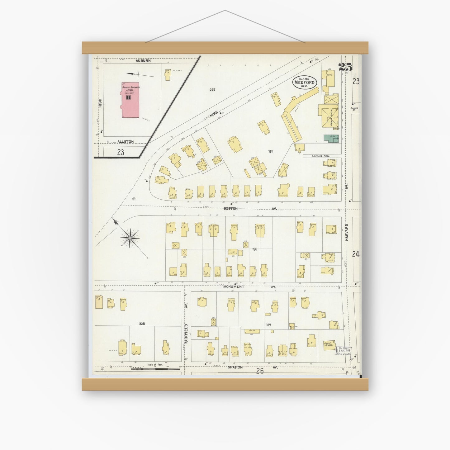 Old map wall art mockup — magnetic wood frame on white wall — Sanborn Fire Insurance Map from Medford, Middlesex County, Massachusetts (1903), Sheet #0025