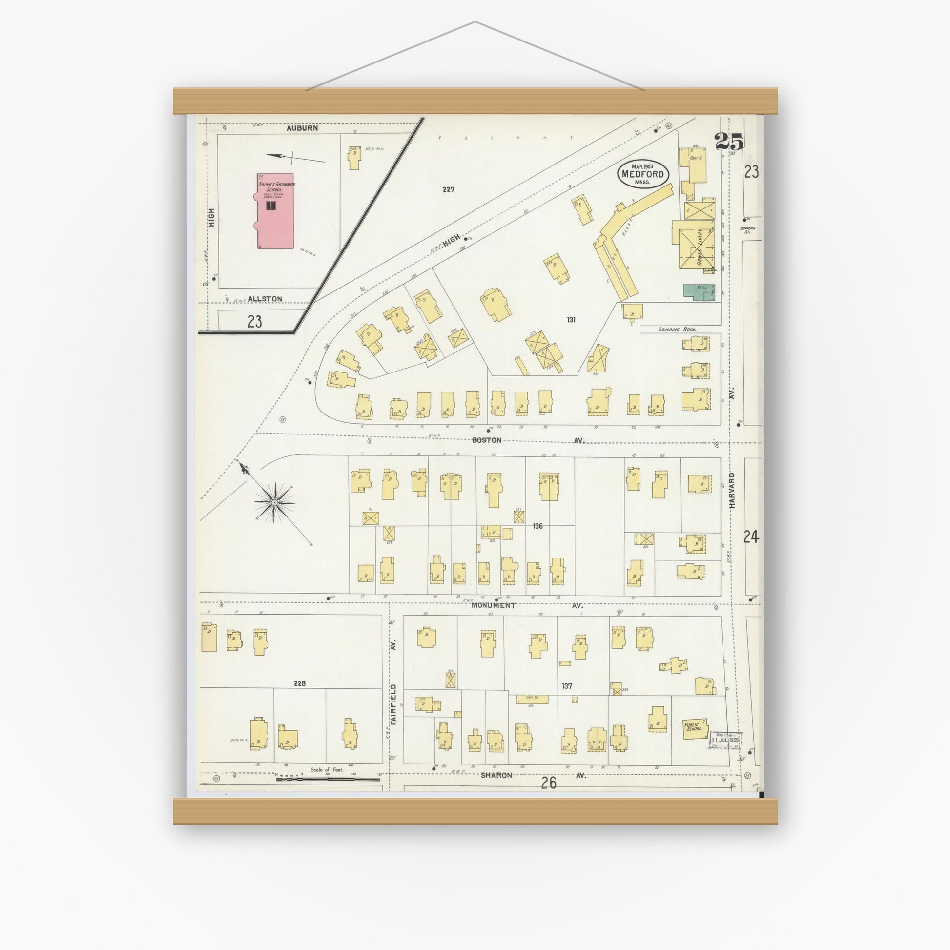 Old map wall art mockup — magnetic wood frame on white wall — Sanborn Fire Insurance Map from Medford, Middlesex County, Massachusetts (1903), Sheet #0025