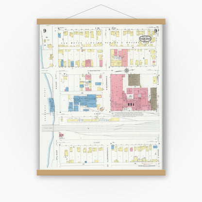 Old map wall art mockup — magnetic wood frame on white wall — Sanborn Fire Insurance Map from Kankakee, Kankakee County, Illinois (1930), Sheet #0009