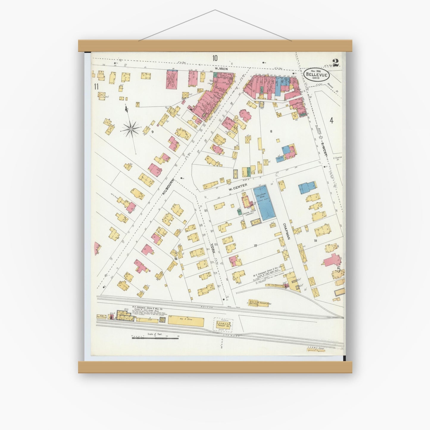 Old map wall art mockup — magnetic wood frame on white wall — Sanborn Fire Insurance Map from Bellevue, Huron And Sandusky County, Ohio (1906), Sheet #0002