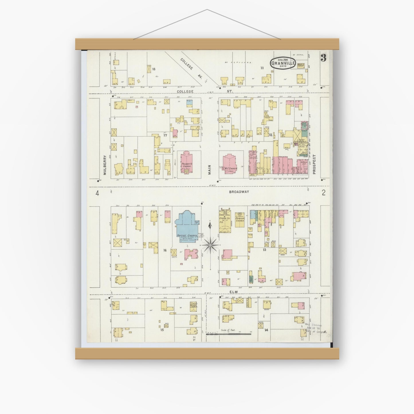 Old map wall art mockup — magnetic wood frame on white wall — Sanborn Fire Insurance Map from Granville, Licking County, Ohio (1896), Sheet #0003