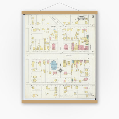 Old map wall art mockup — magnetic wood frame on white wall — Sanborn Fire Insurance Map from Granville, Licking County, Ohio (1896), Sheet #0003