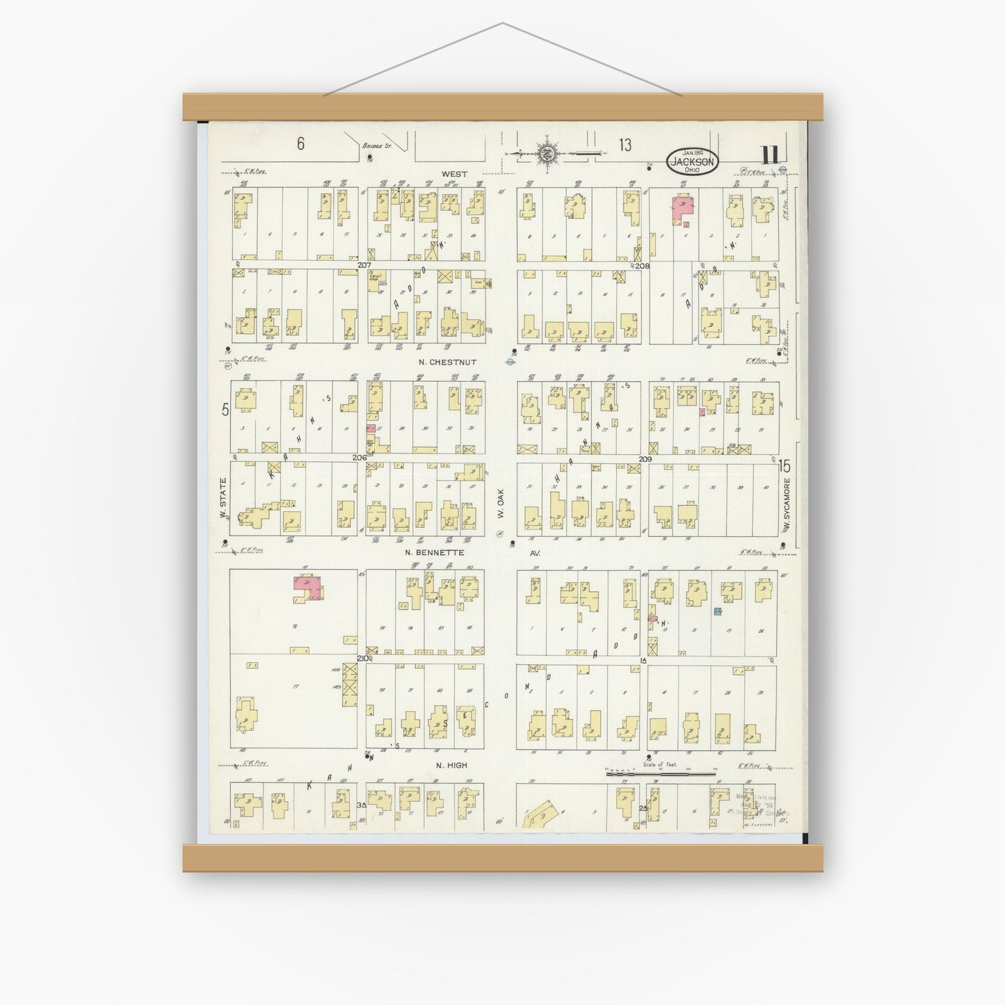 Old map wall art mockup — magnetic wood frame on white wall — Sanborn Fire Insurance Map from Jackson, Jackson County, Ohio (1914), Sheet #0011