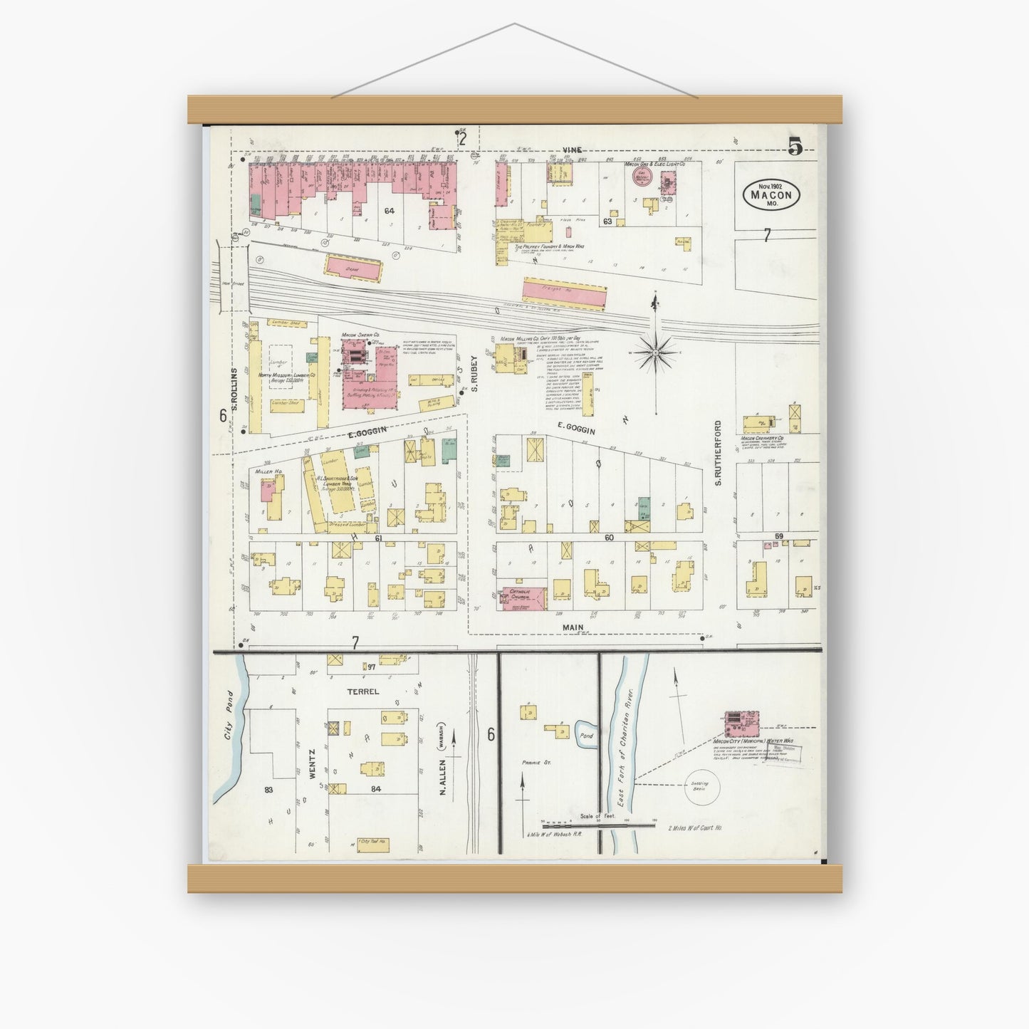 Old map wall art mockup — magnetic wood frame on white wall — Sanborn Fire Insurance Map from Macon, Macon County, Missouri (1902), Sheet #0005
