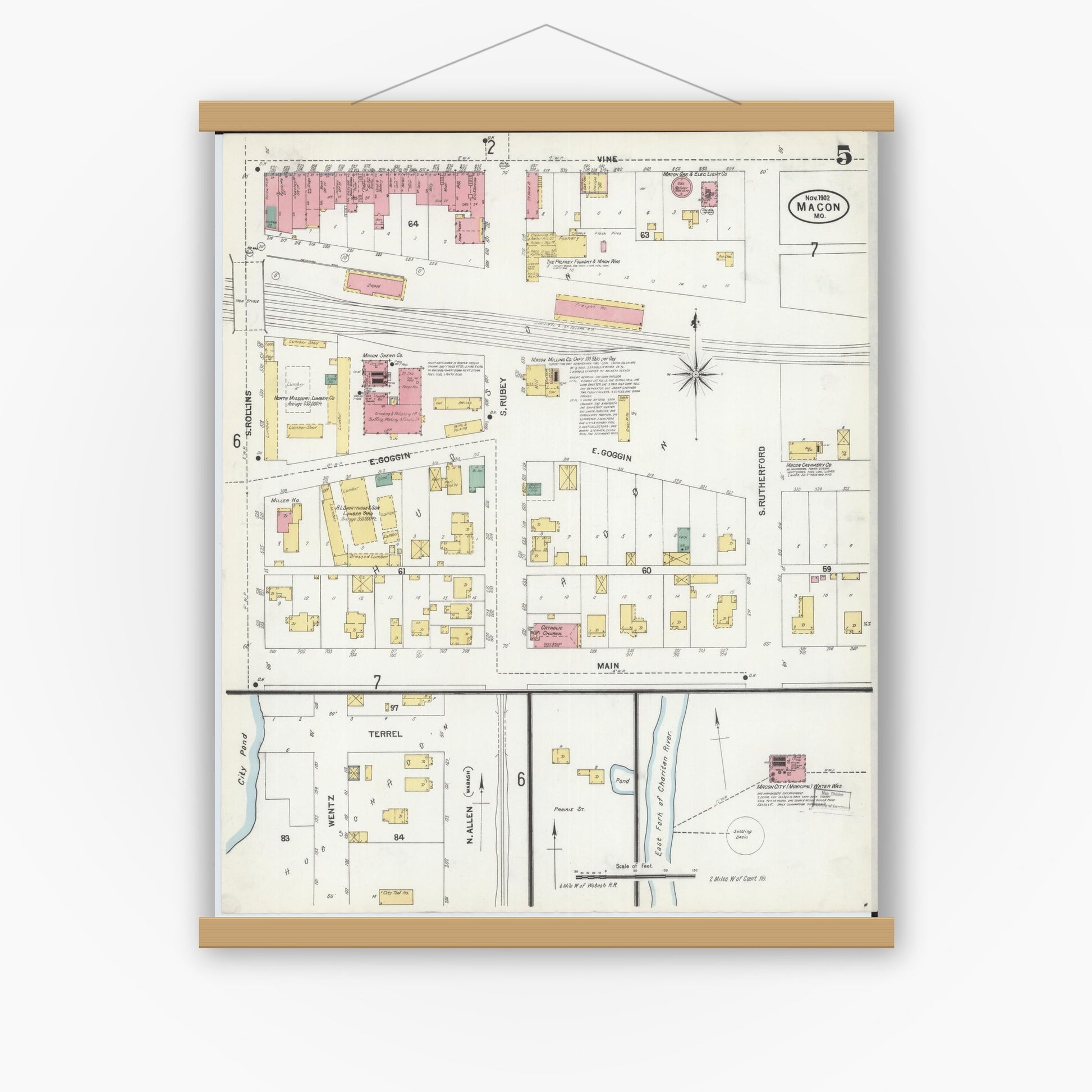 Old map wall art mockup — magnetic wood frame on white wall — Sanborn Fire Insurance Map from Macon, Macon County, Missouri (1902), Sheet #0005