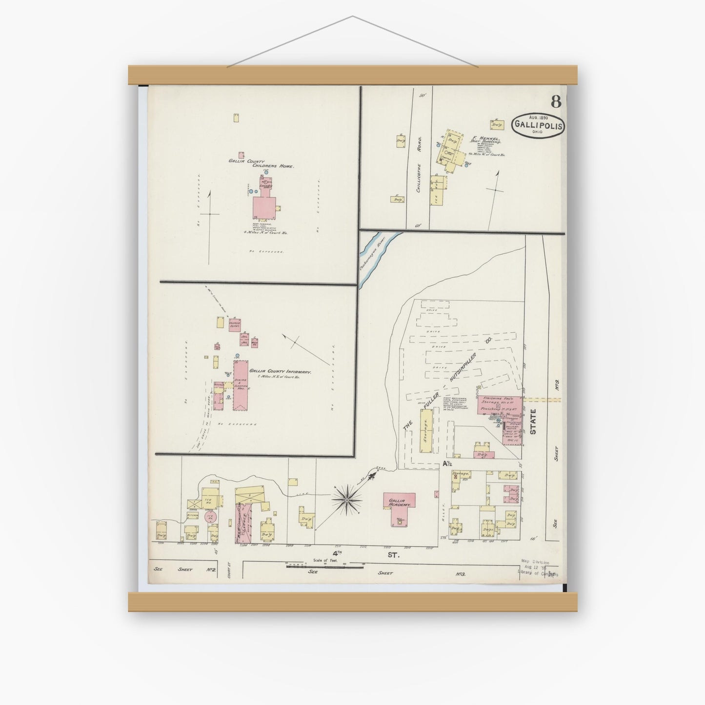 Old map wall art mockup — magnetic wood frame on white wall — Sanborn Fire Insurance Map from Gallipolis, Gallia County, Ohio (1890), Sheet #0008
