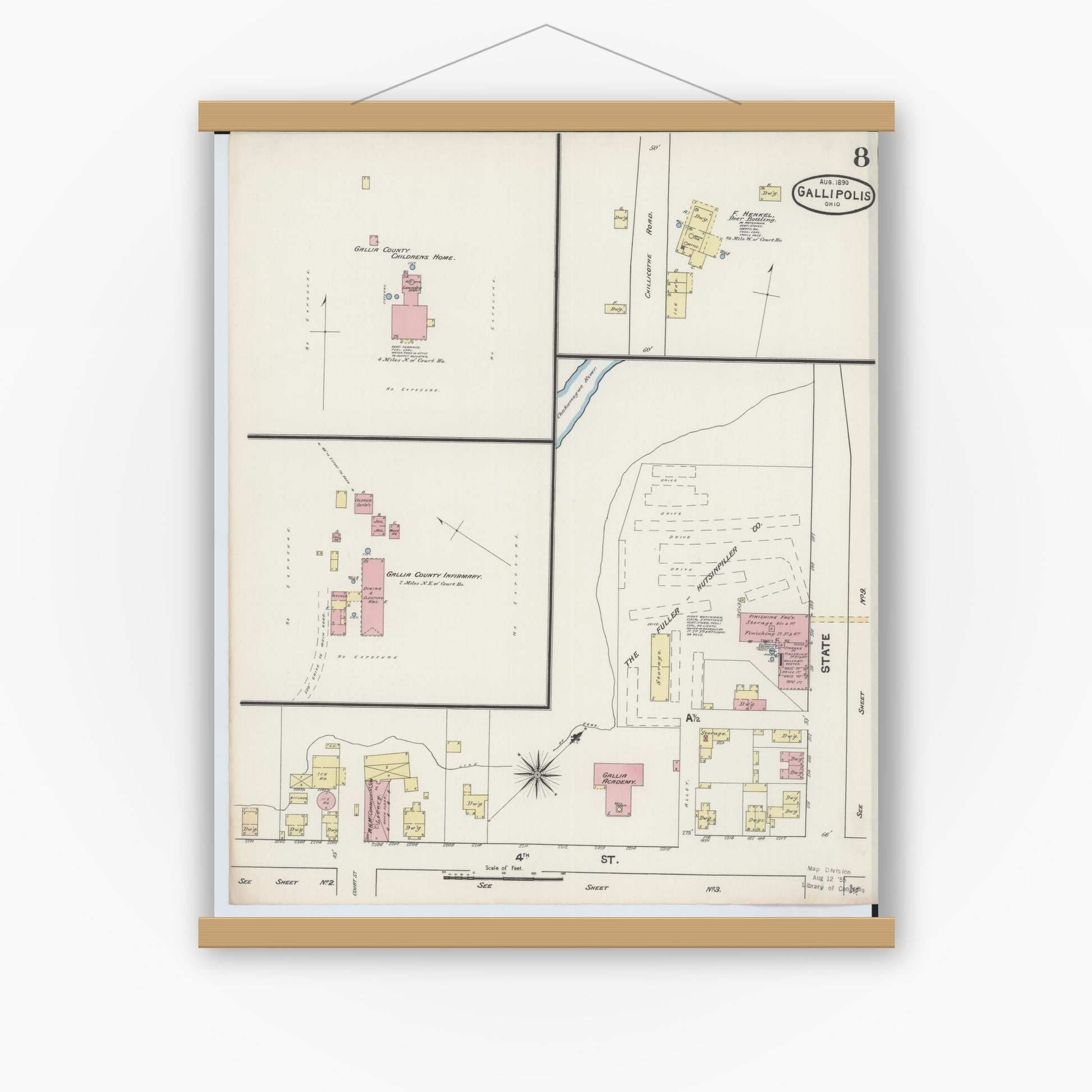 Old map wall art mockup — magnetic wood frame on white wall — Sanborn Fire Insurance Map from Gallipolis, Gallia County, Ohio (1890), Sheet #0008