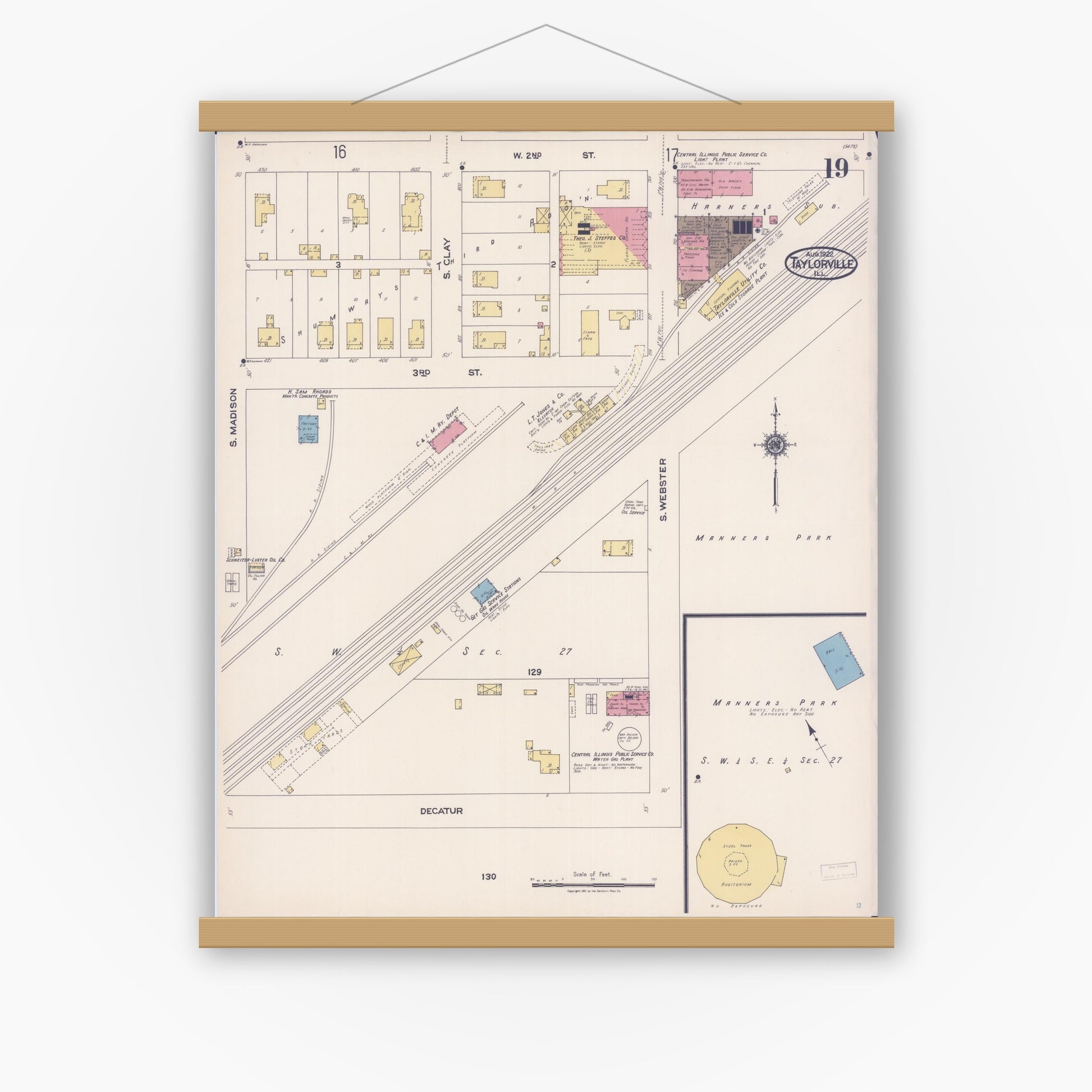 Old map wall art mockup — magnetic wood frame on white wall — Sanborn Fire Insurance Map from Taylorville, Christian County, Illinois (1922), Sheet #0019