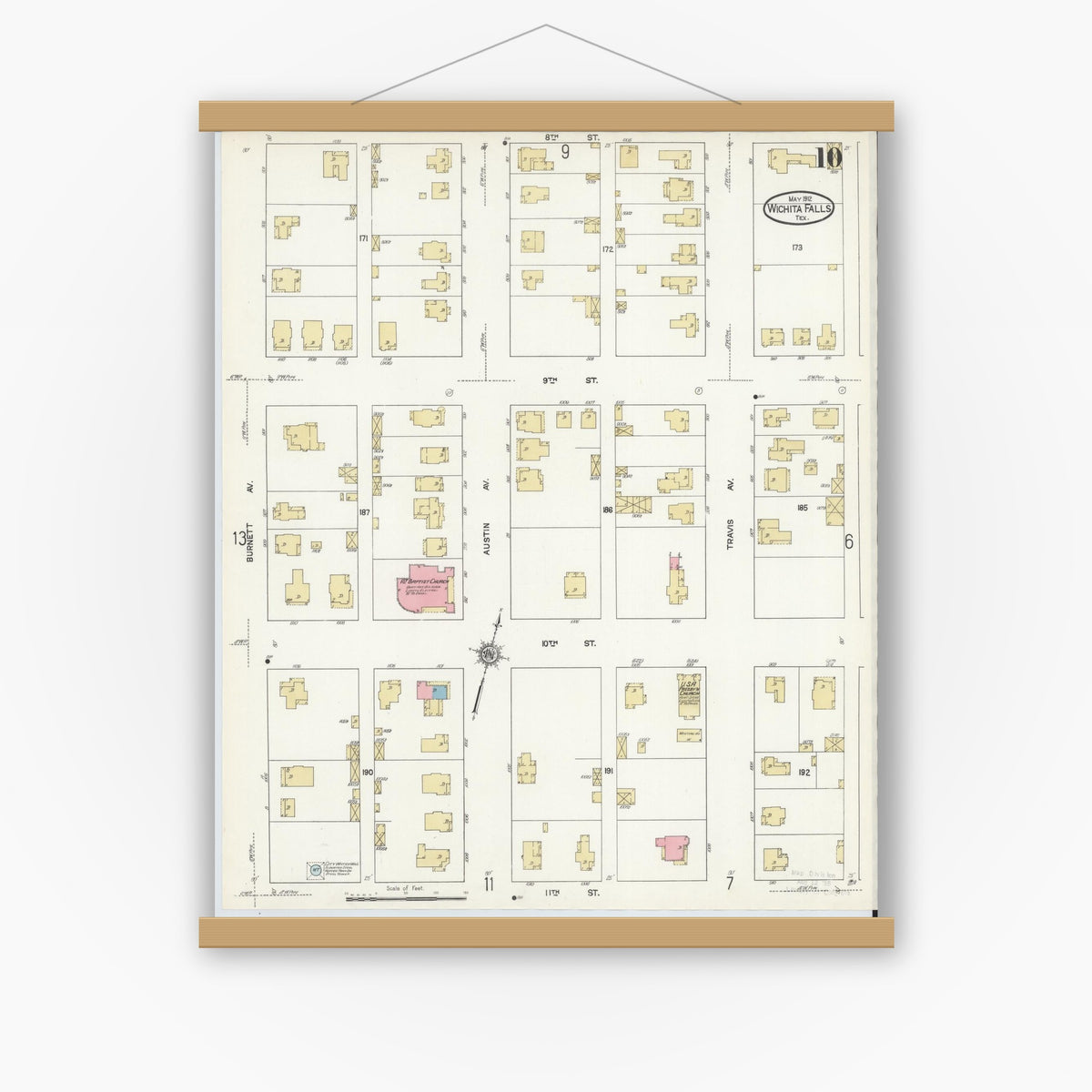 Old map wall art mockup — magnetic wood frame on white wall — Sanborn Fire Insurance Map from Wichita Falls, Wichita County, Texas (1912), Sheet #0010