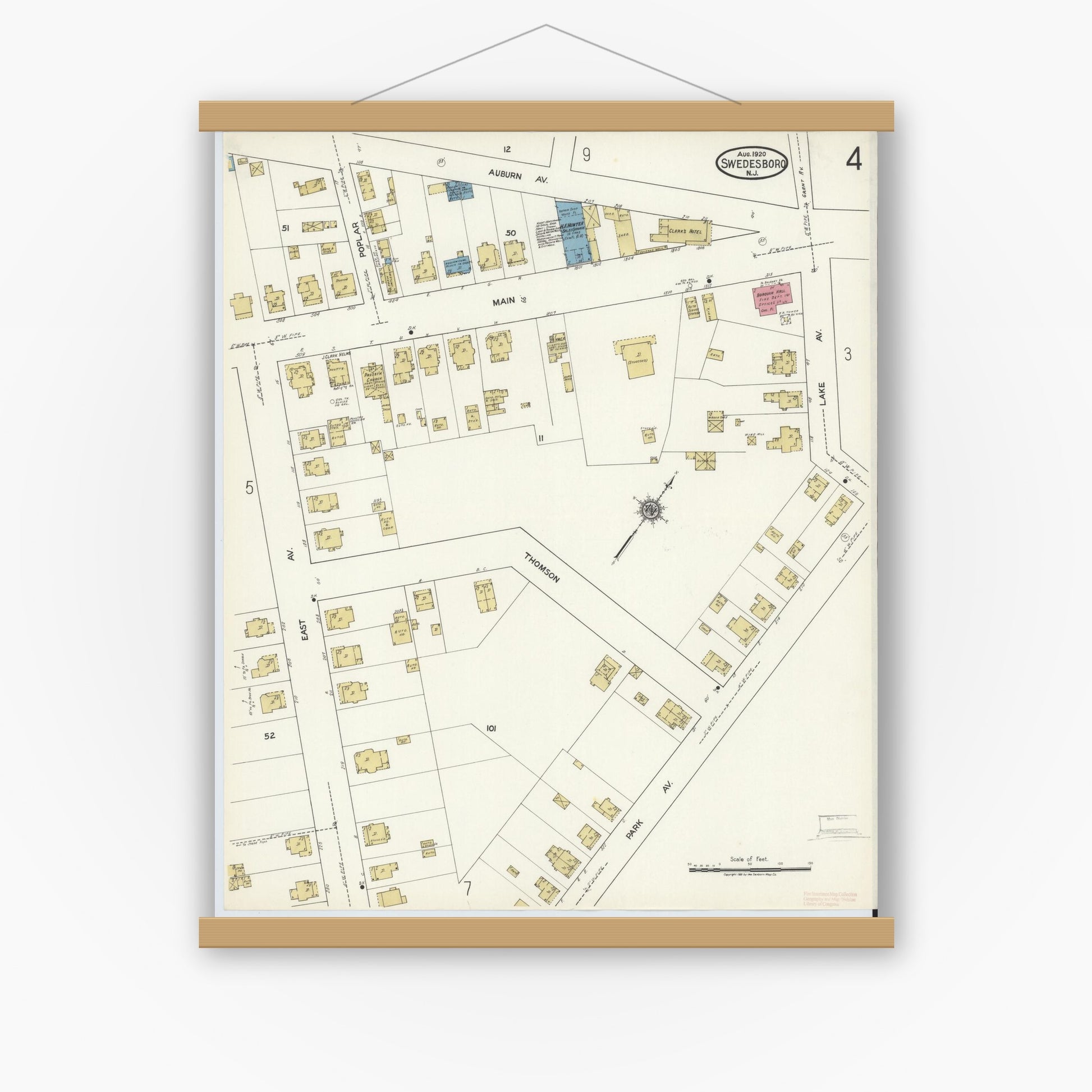 Old map wall art mockup — magnetic wood frame on white wall — Sanborn Fire Insurance Map from Swedesboro, Gloucester County, New Jersey (1920), Sheet #0004