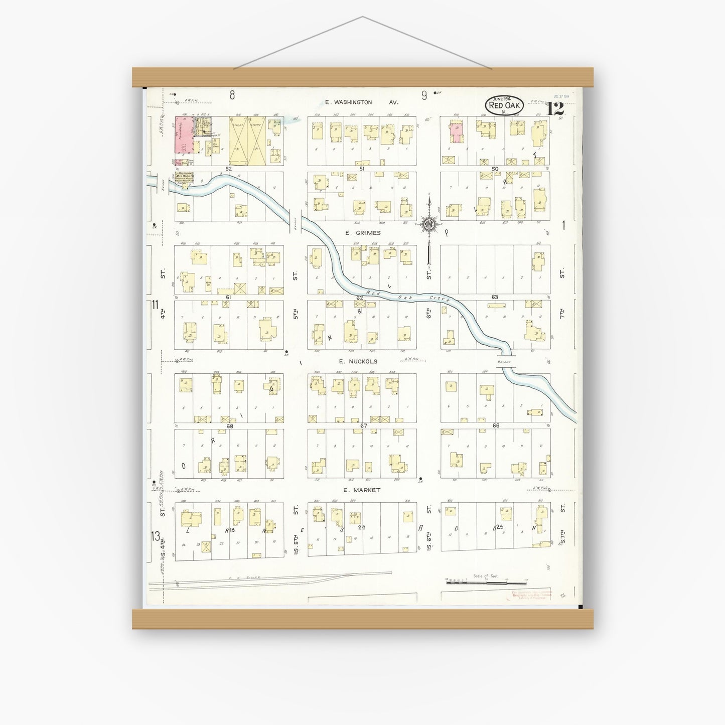 Old map wall art mockup — magnetic wood frame on white wall — Sanborn Fire Insurance Map from Red Oak, Montgomery County, Iowa (1914), Sheet #0012